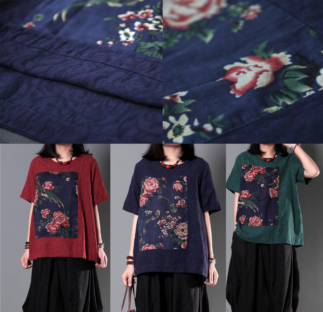 Navy patchwork floral women summer shirt linen blouse - Omychic