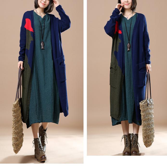Navy patchwork long cardigans woman sweater coat - Omychic