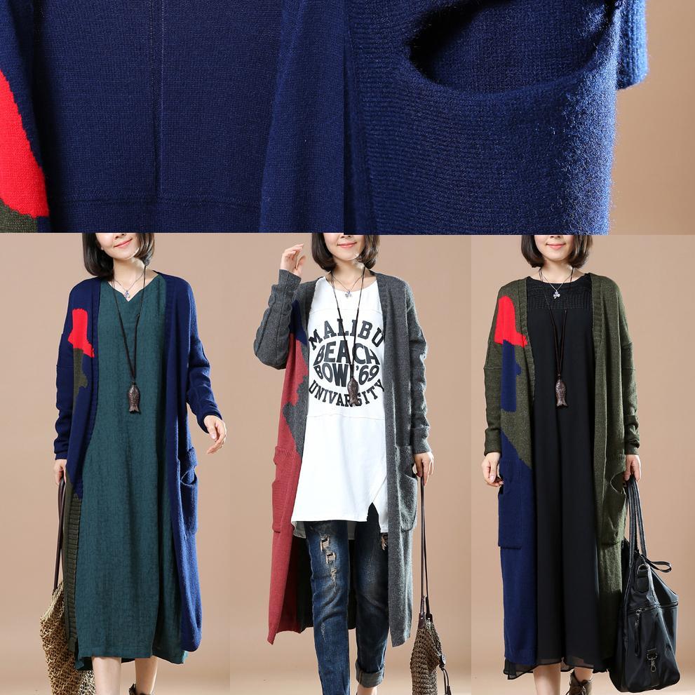 Navy patchwork long cardigans woman sweater coat - Omychic