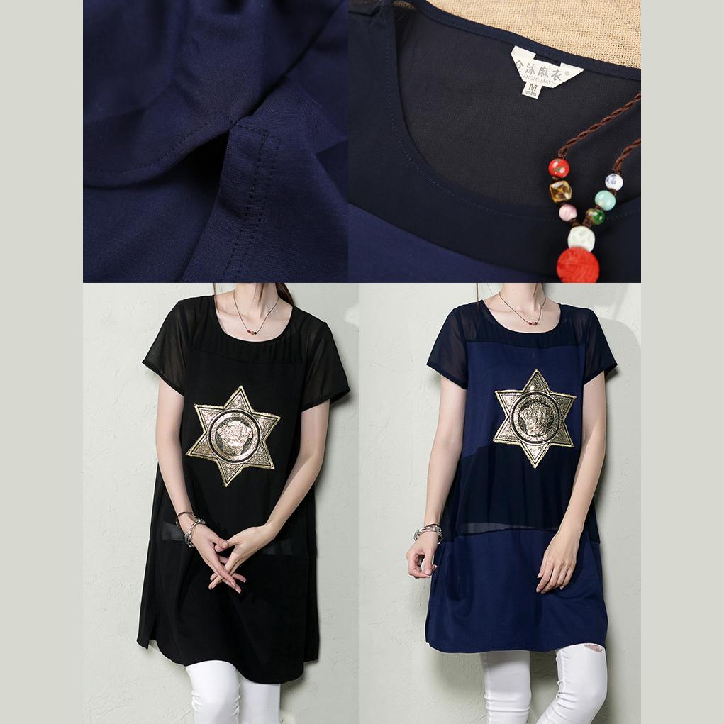 Navy patchwork star shift dress chiffon sundresses plus size shirt blouse - Omychic