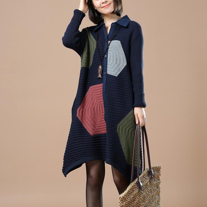 Navy patchwork sweaters woman knit cardigans - Omychic