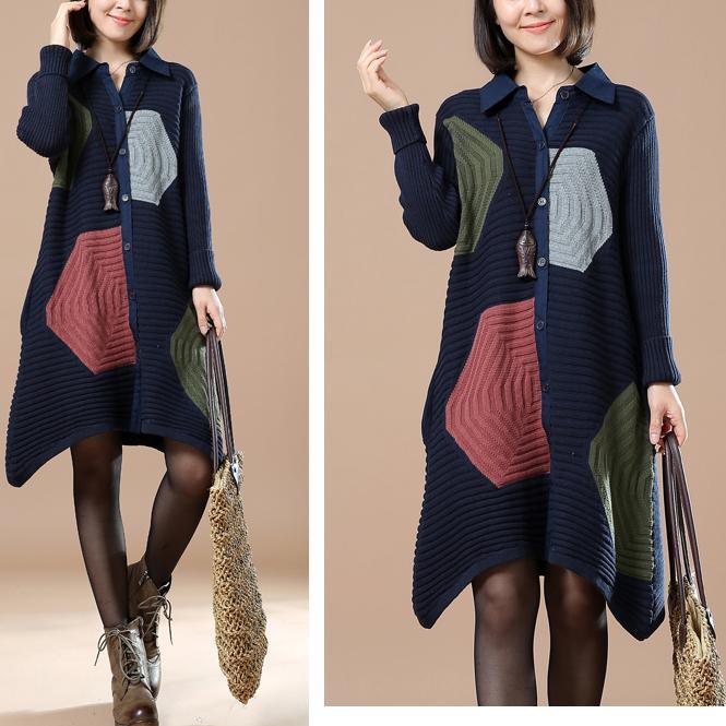 Navy patchwork sweaters woman knit cardigans - Omychic