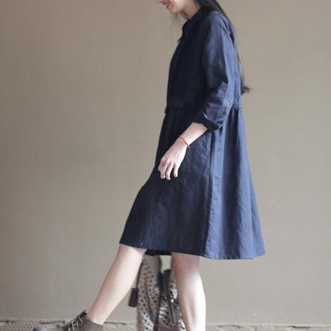 Navy pleated breast cotton dresses original design linen dress - Omychic