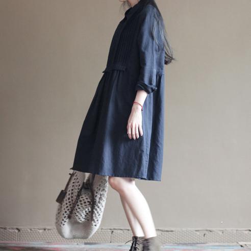 Navy pleated breast cotton dresses original design linen dress - Omychic
