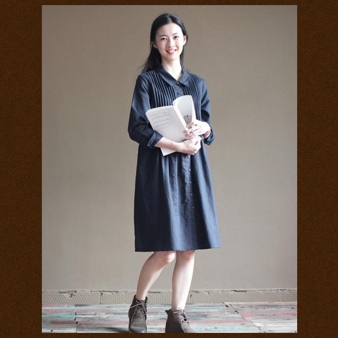 Navy pleated breast cotton dresses original design linen dress - Omychic