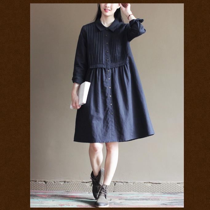 Navy pleated breast cotton dresses original design linen dress - Omychic