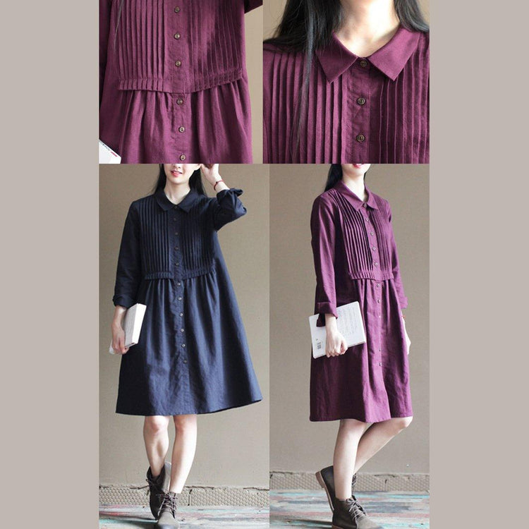 Navy pleated breast cotton dresses original design linen dress - Omychic