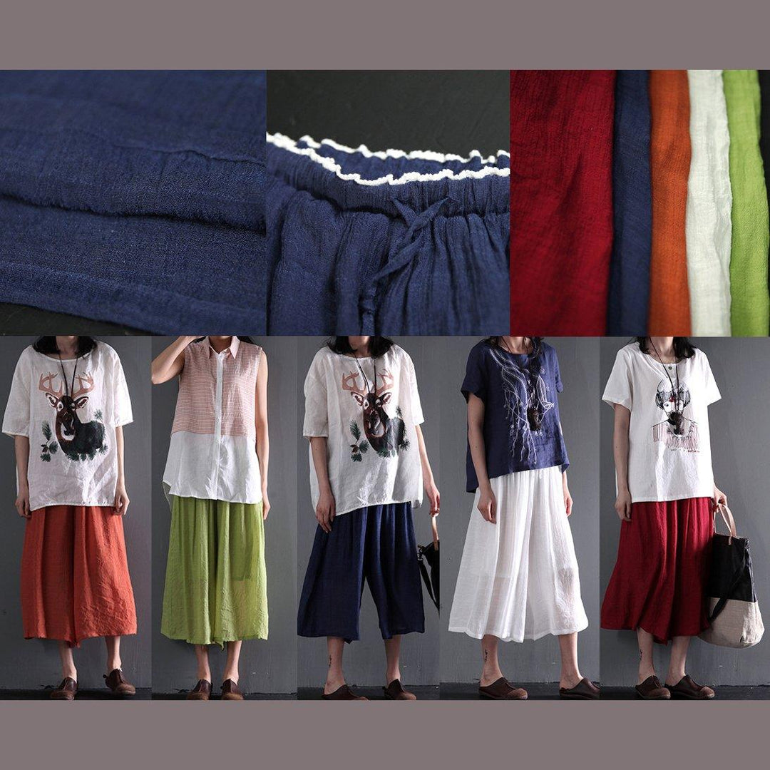 Navy plus size cotton pants crop trousers wide leg skirt - Omychic