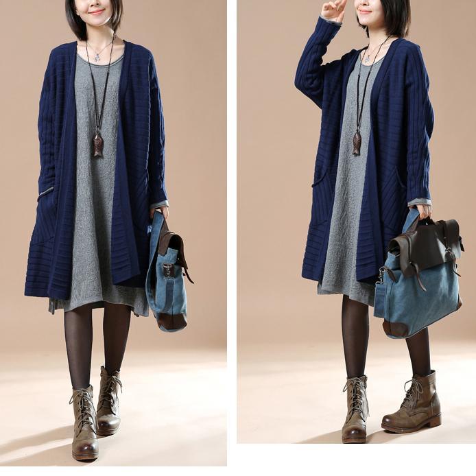 Navy plus size knitted cardigans sweater coats - Omychic