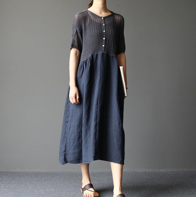 Navy plus size tunic knit patchwork linen dresses spring dress two dresses included - Omychic