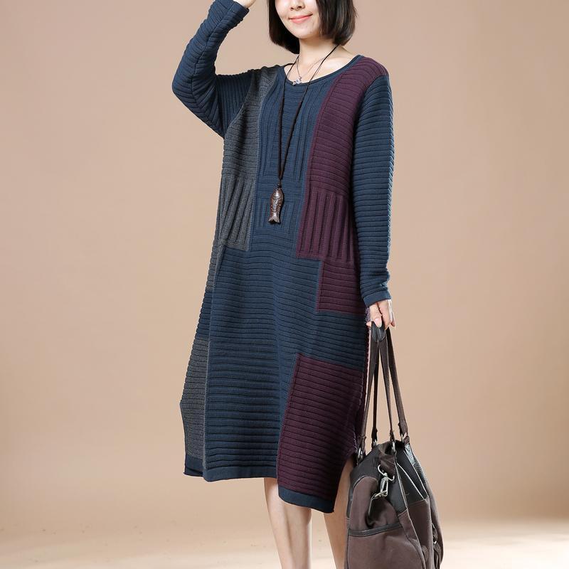 Navy plus size woman sweaters long knit dresses - Omychic
