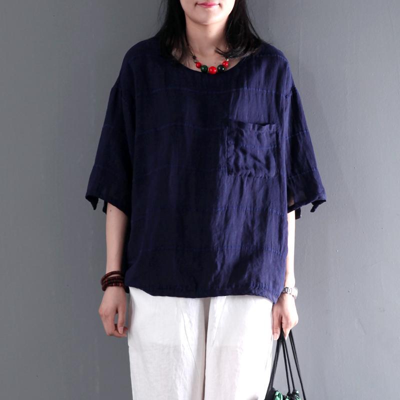 Navy pocket short women linen shirt cotton summer top short blouse - Omychic