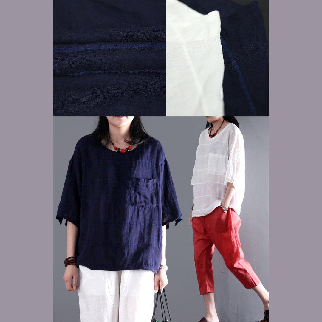 Navy pocket short women linen shirt cotton summer top short blouse - Omychic
