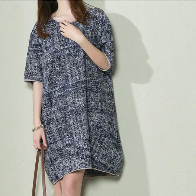 Navy print baggy holiday sundress linen summer dresses oversize - Omychic