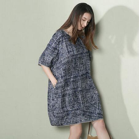 Navy print baggy holiday sundress linen summer dresses oversize - Omychic