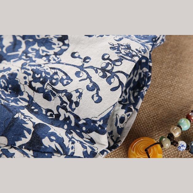 Navy print baggy holiday sundress linen summer dresses oversize - Omychic