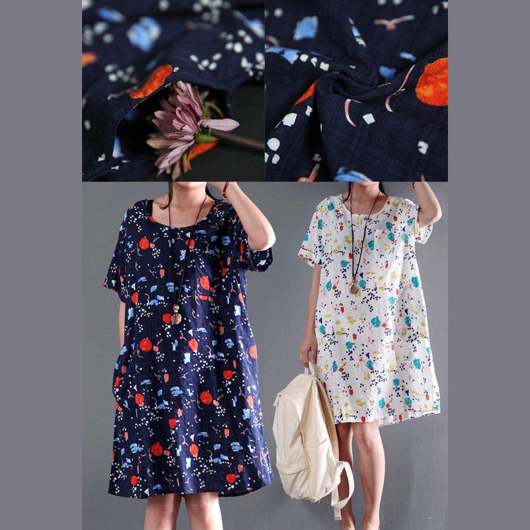 Navy print cotton dress for summer short shift dress plus size - Omychic