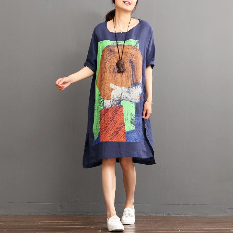 Navy print linen sundress plus size cusal dresses summer linen dress - Omychic