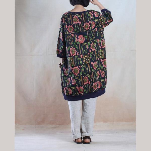 Navy print oversize cotton summer dress plus size sundress 3 quarter sleeve - Omychic