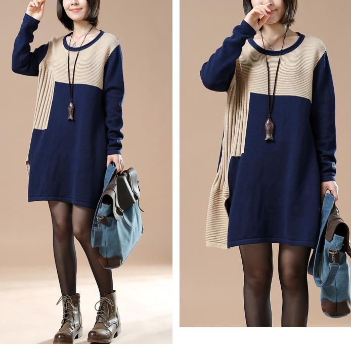 Navy print sweaters plus size women knit dress the Dancing steps - Omychic