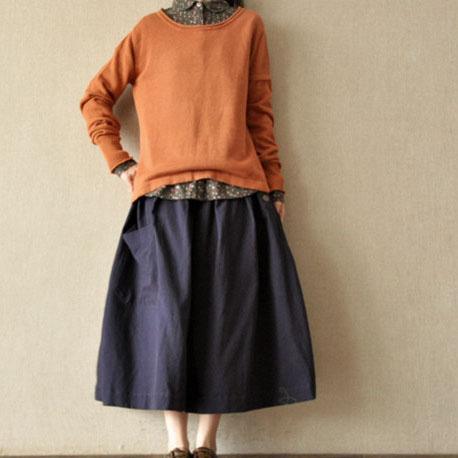Navy retro linen skirts big pockets casual maxi skirts - Omychic