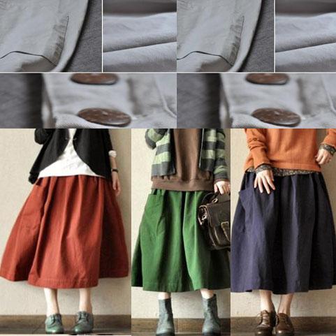 Navy retro linen skirts big pockets casual maxi skirts - Omychic