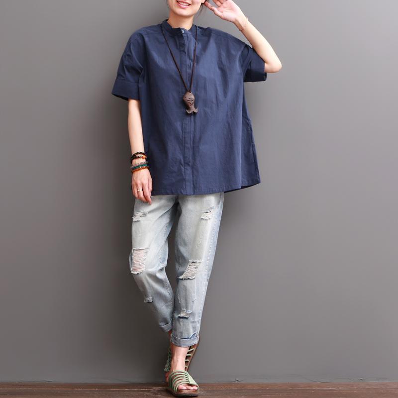 Navy short sleeve cotton blouse women summer shirt - Omychic