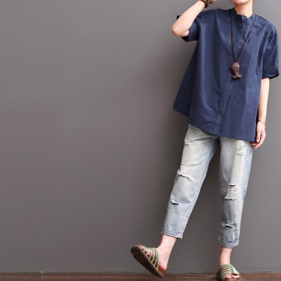 Navy short sleeve cotton blouse women summer shirt - Omychic