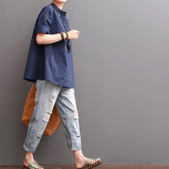 Navy short sleeve cotton blouse women summer shirt - Omychic