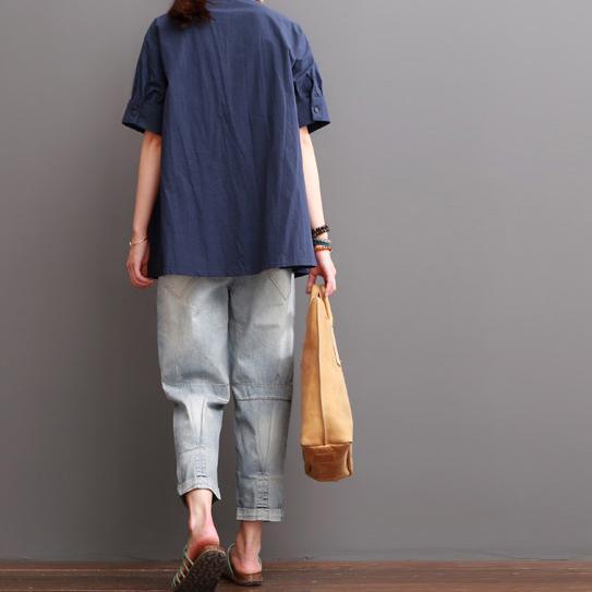 Navy short sleeve cotton blouse women summer shirt - Omychic