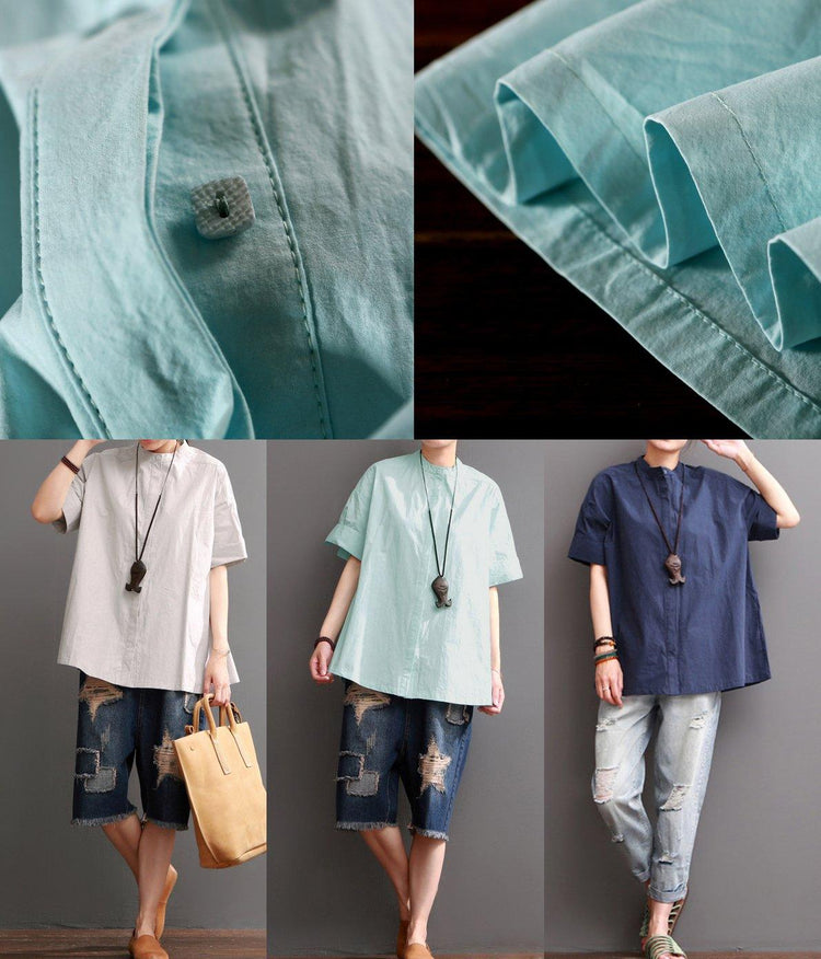 Navy short sleeve cotton blouse women summer shirt - Omychic