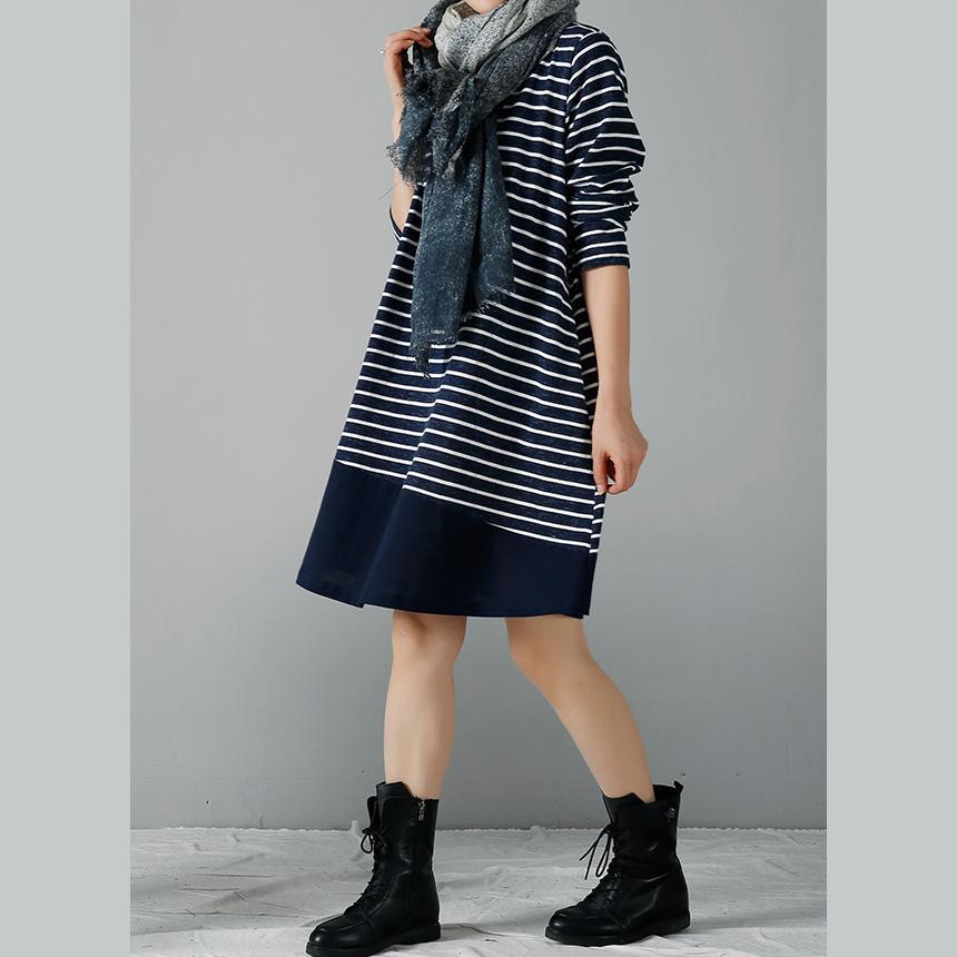 Navy striped cotton dresses plus size winter dress - Omychic