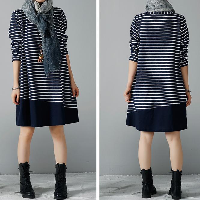 Navy striped cotton dresses plus size winter dress - Omychic