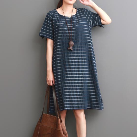 Navy striped cotton summer dreses plus size shirt day dress - Omychic