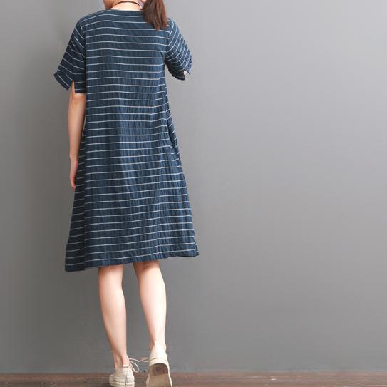 Navy striped cotton summer dreses plus size shirt day dress - Omychic