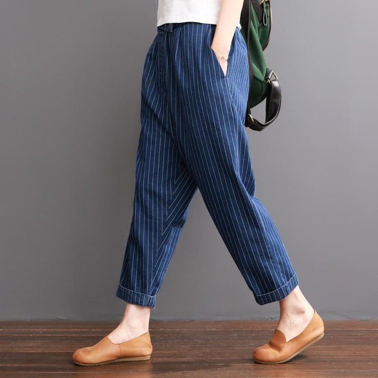 Navy striped summer crop pants cotton trousers elastc wiast - Omychic