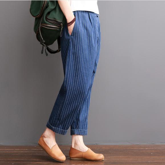 Navy striped summer crop pants cotton trousers elastc wiast - Omychic