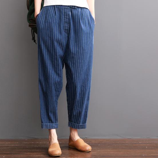 Navy striped summer crop pants cotton trousers elastc wiast - Omychic