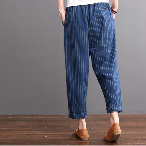Navy striped summer crop pants cotton trousers elastc wiast - Omychic