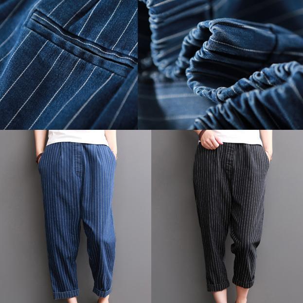Navy striped summer crop pants cotton trousers elastc wiast - Omychic