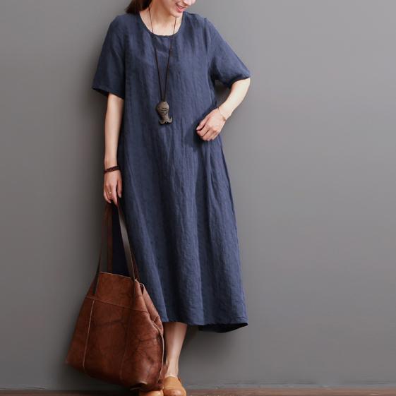 Navy summer linen dress plus size linen maxi dresses sundress - Omychic