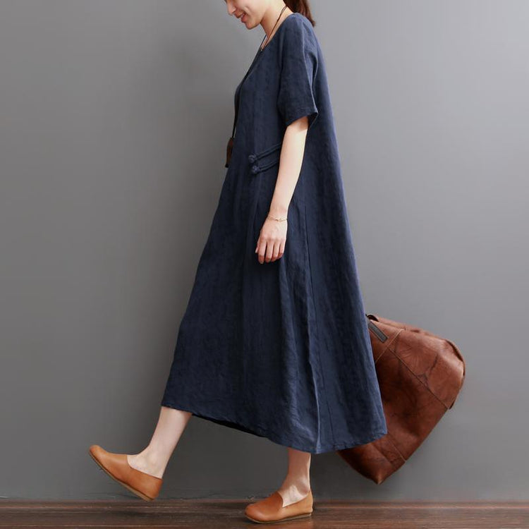 Navy summer linen dress plus size linen maxi dresses sundress - Omychic