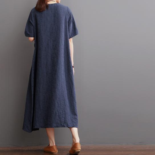 Navy summer linen dress plus size linen maxi dresses sundress - Omychic