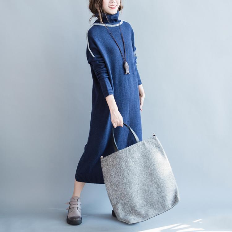 Navy turtle neck long knit sweaters dress womens oversized winter knitted maxi dress - Omychic