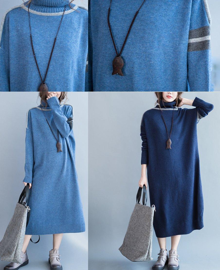Navy turtle neck long knit sweaters dress womens oversized winter knitted maxi dress - Omychic
