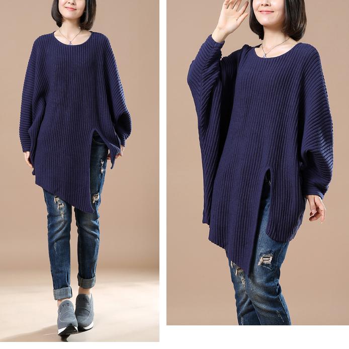 Navy woman sweaters open hem knitted blouse - Omychic