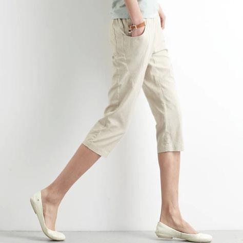 Navy women summer pants linen capri pants casual pockets cotton crop pants - Omychic