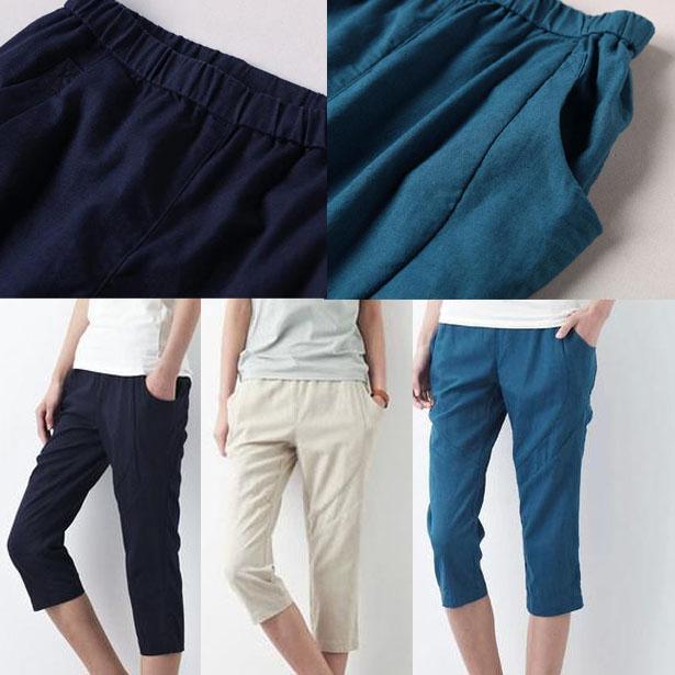 Navy women summer pants linen capri pants casual pockets cotton crop pants - Omychic