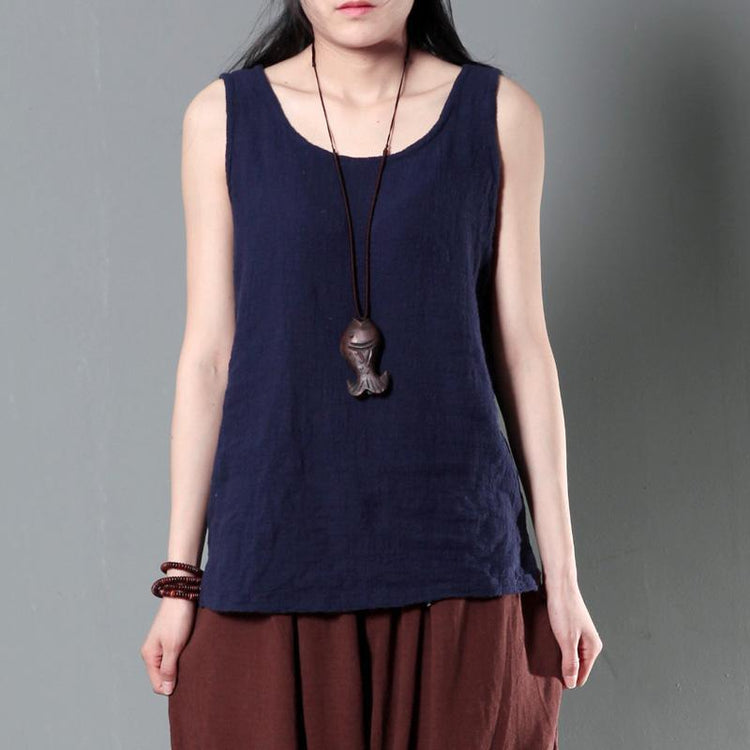 Navy women wrinkled linen tank top stylish causal blouse - Omychic