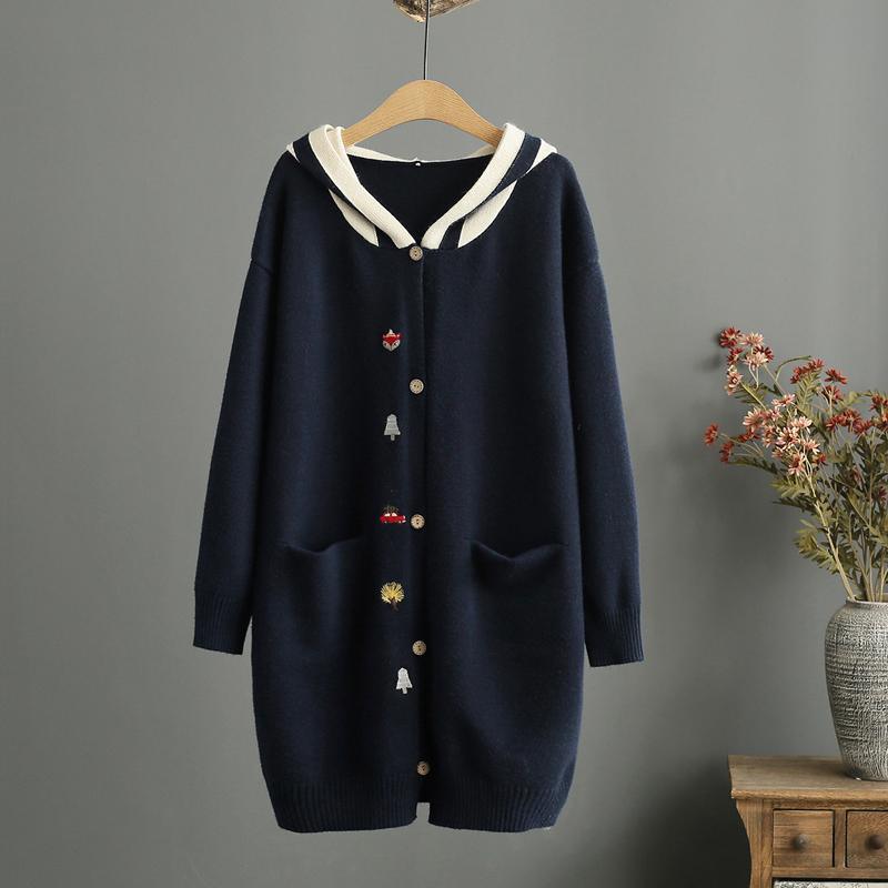 2021 Spring Navy Cat Embroidery Knit Outwear Plus Size Casual Sweater Cardigans - Omychic
